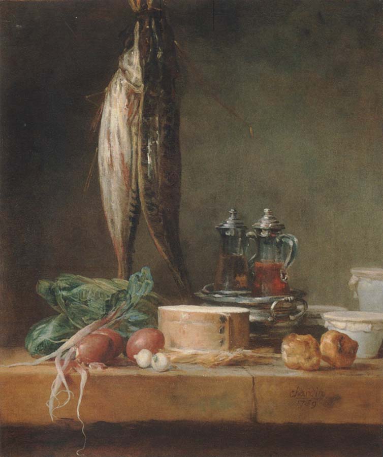 Jean Baptiste Simeon Chardin Style life with fish, Grunzeug, Gougeres shot el as well as oil and vinegar pennant on a table